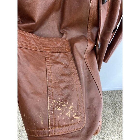 Vintage Rice Sports Wear 70s Men 42 Brown Leather Hipster Mod Disco Plaid Coat - Picture 4 of 12